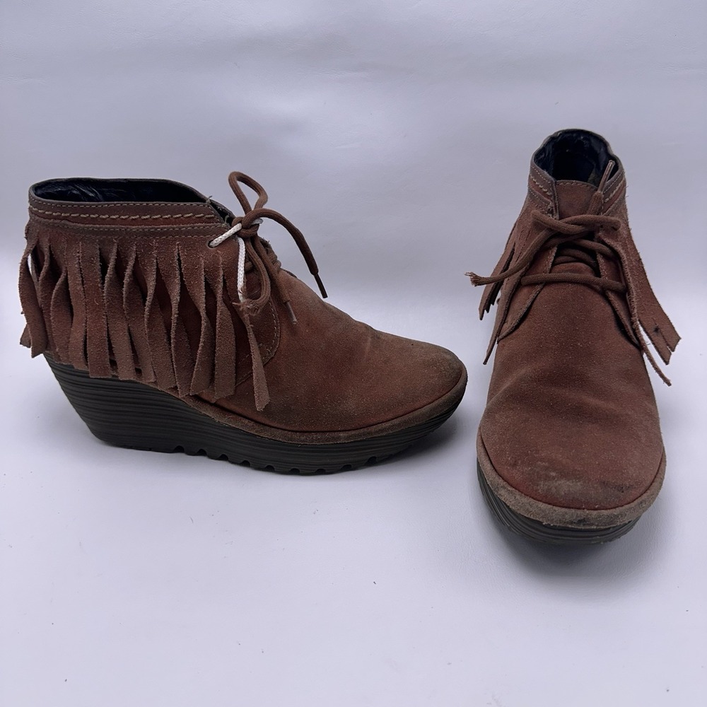 Fly London Brown Nubuck Leather Fringe Yank Ankle Boots Women's Size 37 Wedge‎